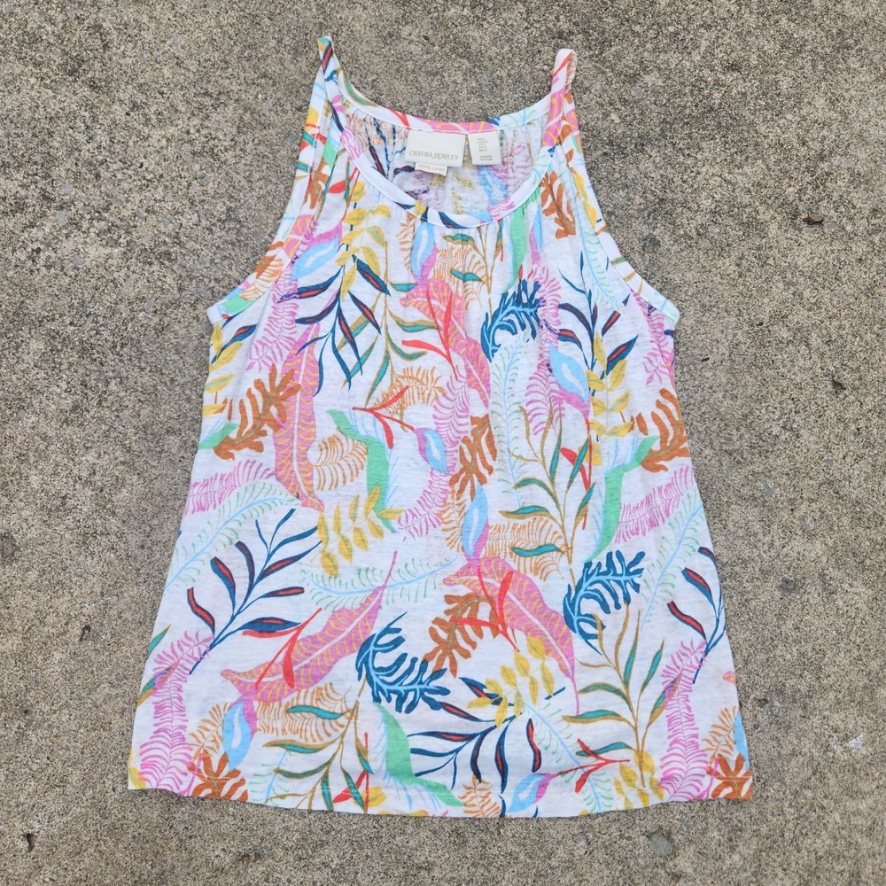 Cynthia Rowley Women S Linen Tank Top Floral Bright Neon Boho Botanical Print
